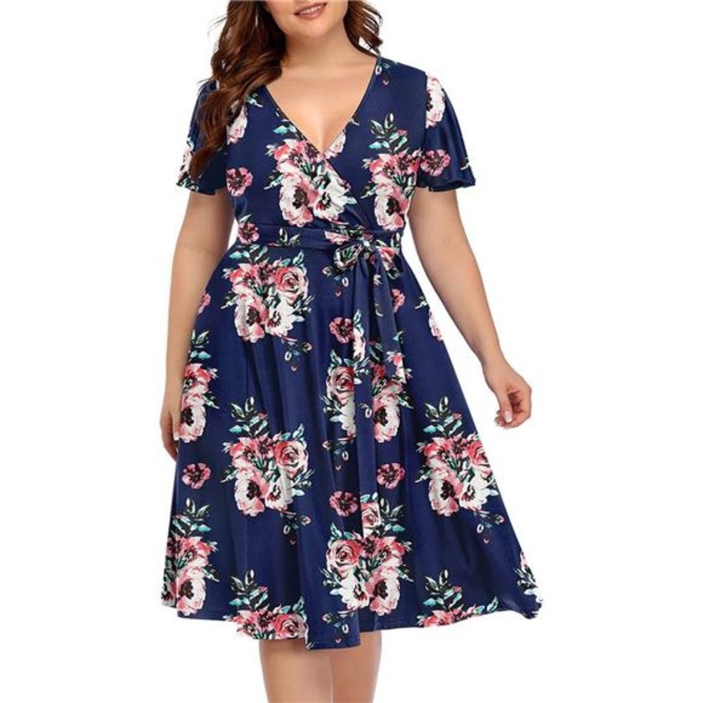 Women's Plus Size Dress Semi Formal Cocktail Wrap Empire Waist Midi Dress